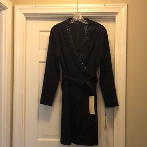 Adrianna Papell tuxedo dress with sequin collar and satin belt.